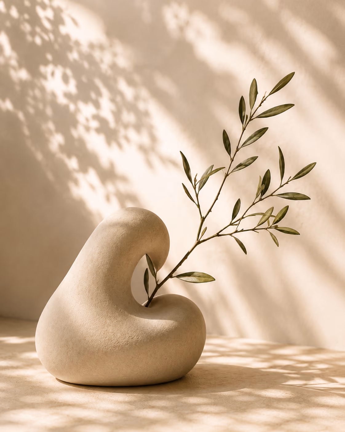 Vase sculptural et branche d’olivier, lumière douce
