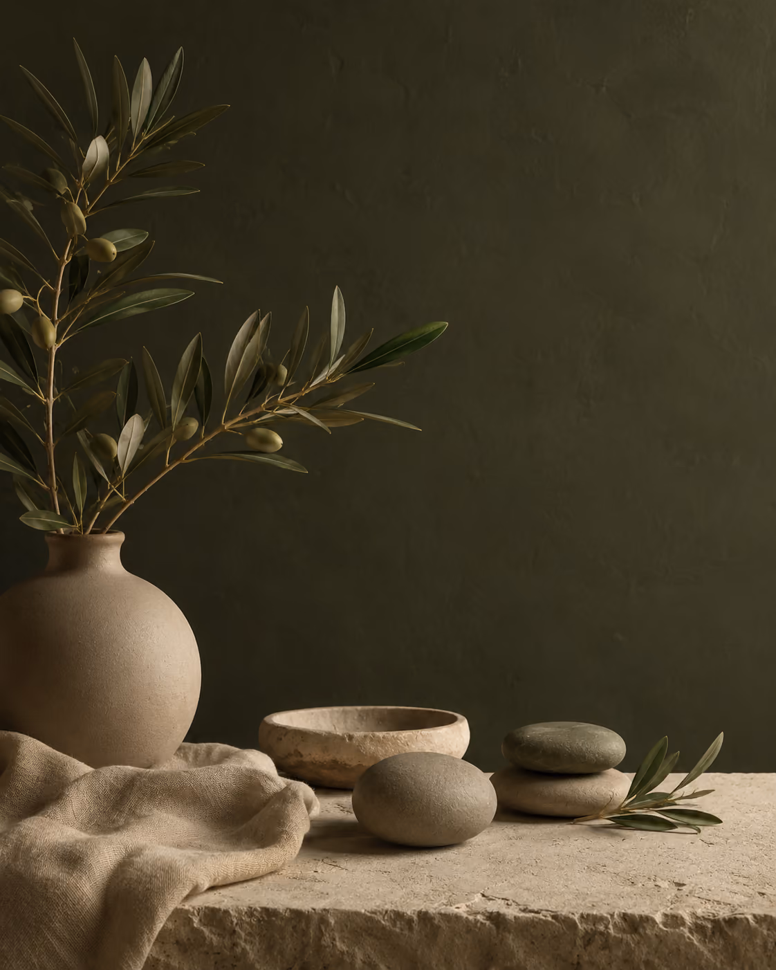 Branche d’olivier, vase et pierres, univers de Sakina