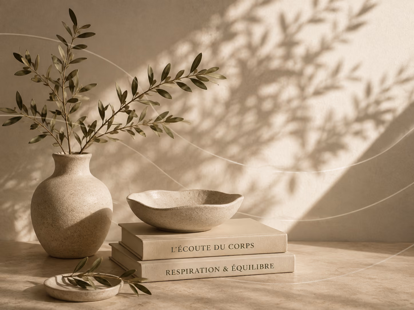Vase, livres et branche d’olivier, lumière douce